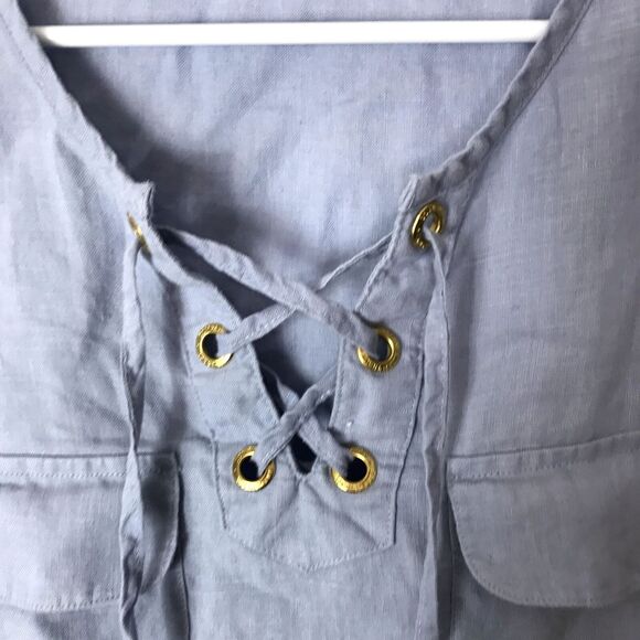 Ellen Tracy 100% Linen Tunic Top Blue‎ Size Small Hi Low Roll Tab Sleeve Pockets - Picture 4 of 7